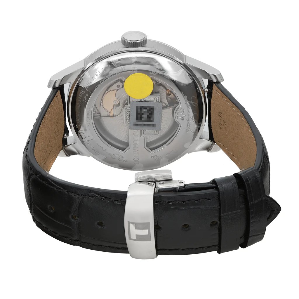 Back View Of Exhibition Back Case And Closed Leather Band Of Tissot T006.407.16.053.00 Watch Unworn Condition