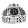 An image of a pre-owned wristwatch shows the back view, focusing on the clasp. The watch features a stainless steel bracelet with a polished finish. The back of the case displays brand details and specifications. The angle is slightly elevated, providing a clear view of the clasp and the intricate links of the bracelet. The image is taken at close range to highlight the details of the watch's construction and design.
