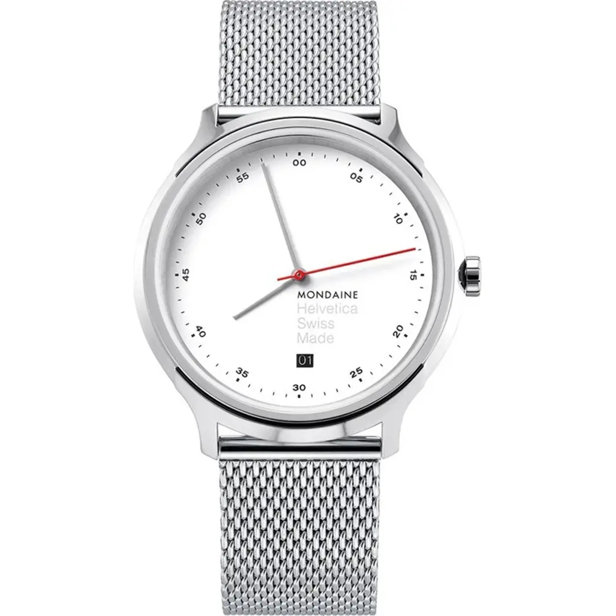 An image of a Wristwatch by Mondaine. This Display Model item is designed for Men, featuring a Casual,Classic style. It has a Quartz movement and an Analog display with a White dial color. The indices include 12-Hour Dial,Arabic Numerals. The band is made of Stainless Steel and the case is made of Stainless Steel. The watch has a Round shape with a case size of 40 mm and a case thickness of 8 mm.