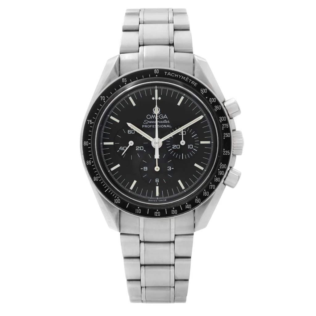 An image of a pre-owned OMEGA men's wristwatch in a casual, sport style. The watch is presented in a full frontal view, centered and taken from a direct front angle, showing the entire watch face and band. It has a black dial with non-numeric hour marks and features such as a chronograph, luminous hands, and a small seconds subdial. The round case and band are made of stainless steel, and the bezel is also steel in color with a black tachymetre scale. The watch has a 12-hour dial with multiple smaller dials within, and the distance is close enough to clearly show the watch details.