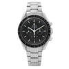 An image of a pre-owned OMEGA men's wristwatch in a casual, sport style. The watch is presented in a full frontal view, centered and taken from a direct front angle, showing the entire watch face and band. It has a black dial with non-numeric hour marks and features such as a chronograph, luminous hands, and a small seconds subdial. The round case and band are made of stainless steel, and the bezel is also steel in color with a black tachymetre scale. The watch has a 12-hour dial with multiple smaller dials within, and the distance is close enough to clearly show the watch details.