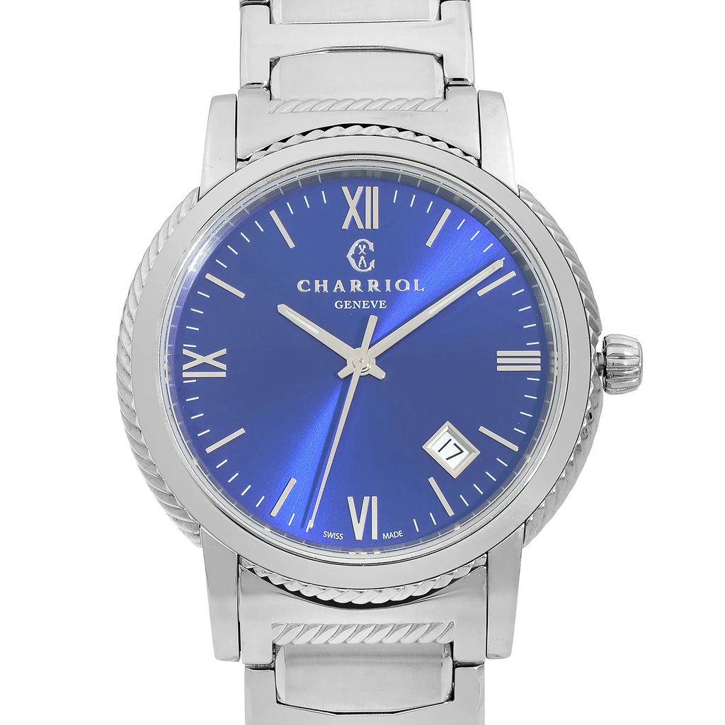 An image of a pre-owned wristwatch captured from a front close-up angle. The watch features a blue dial with Roman numerals and a date display at the 4 o'clock position. The silver-tone casing and bracelet add a sleek touch. The brand name "Charriol Geneve" is visible on the watch face.