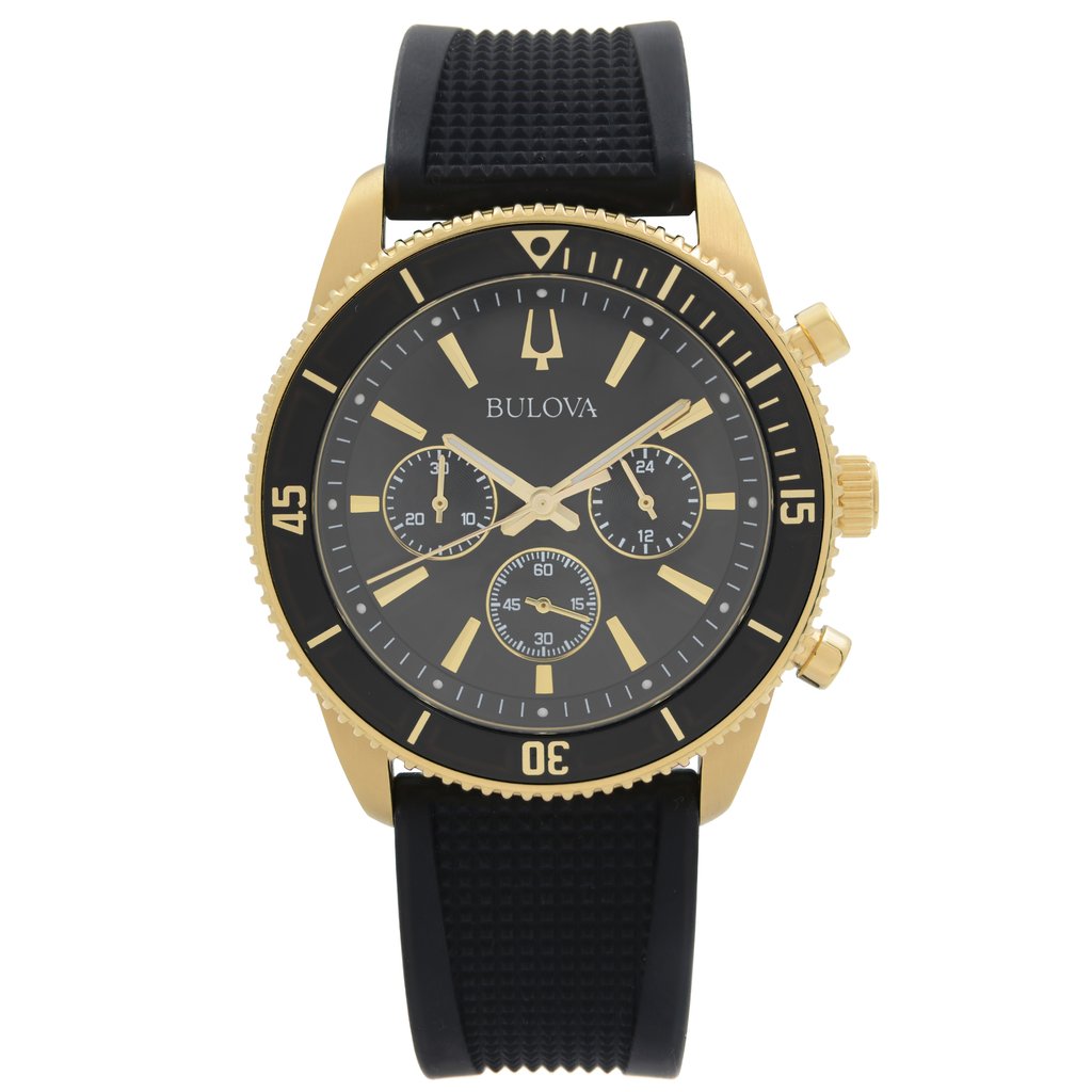 An image of a Wristwatch by Bulova. This Display Model item is designed for Men, featuring a Dress/Formal style. It has a Quartz movement and an Analog display with a Black dial color. The indices include 12-Hour Dial,Non-Numeric Hour Marks. The band is made of Silicone and the case is made of Stainless Steel. The watch has a Round shape with a case size of 42 mm and a case thickness of 11 mm.