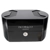 An image of a black wristwatch box from Jacob & Co Genève. The box is positioned centrally in the frame, viewed from the front at eye level. It features a glossy finish with the brand logo prominently displayed on the front, and a circular emblem below it. The top of the box has two textured, recessed areas, adding a touch of elegance.