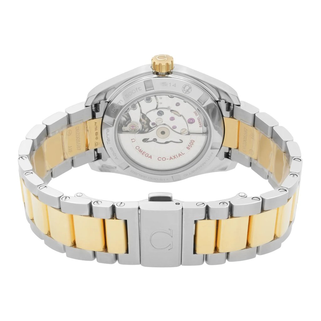 Back View Of Exhibition Back Case And Closed Stainless Steel,Gold Band Of OMEGA 231.25.39.21.55.002 Watch Unworn Condition
