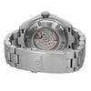 An image of a pre-owned women's OMEGA wristwatch, showcasing the back view at a close angle. The stainless steel band is visible, featuring a fold-over clasp with a double push button. The round case has an exhibition caseback, revealing the watch's inner mechanism. The clasp displays the OMEGA logo.