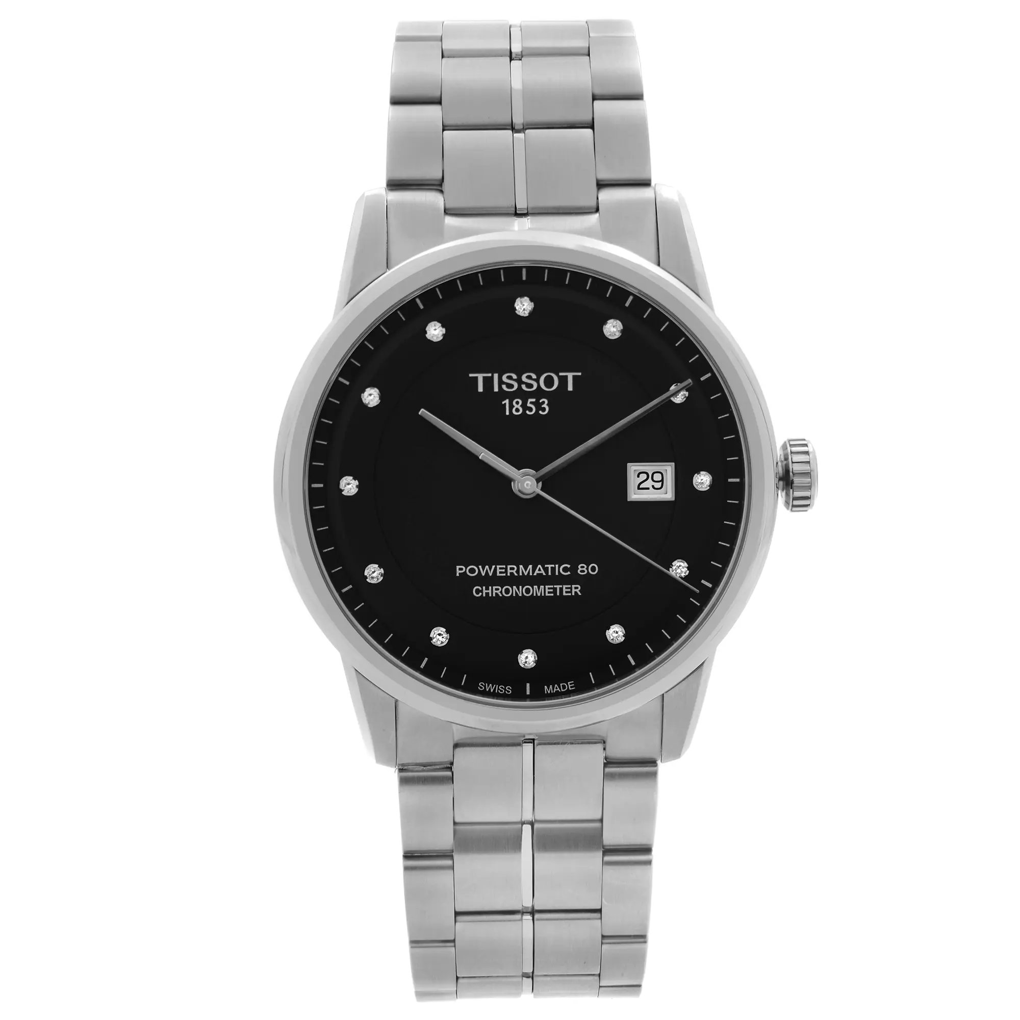 An image of a Wristwatch by Tissot. This Unworn item is designed for Men, featuring a Casual,Dress/Formal style. It has a Mechanical (Automatic) movement and an Analog display with a Black dial color. The indices include Diamond Markers,Non-Numeric Hour Marks. The band is made of Stainless Steel and the case is made of Stainless Steel. The watch has a Round shape with a case size of 41 mm and a case thickness of 10 mm.
