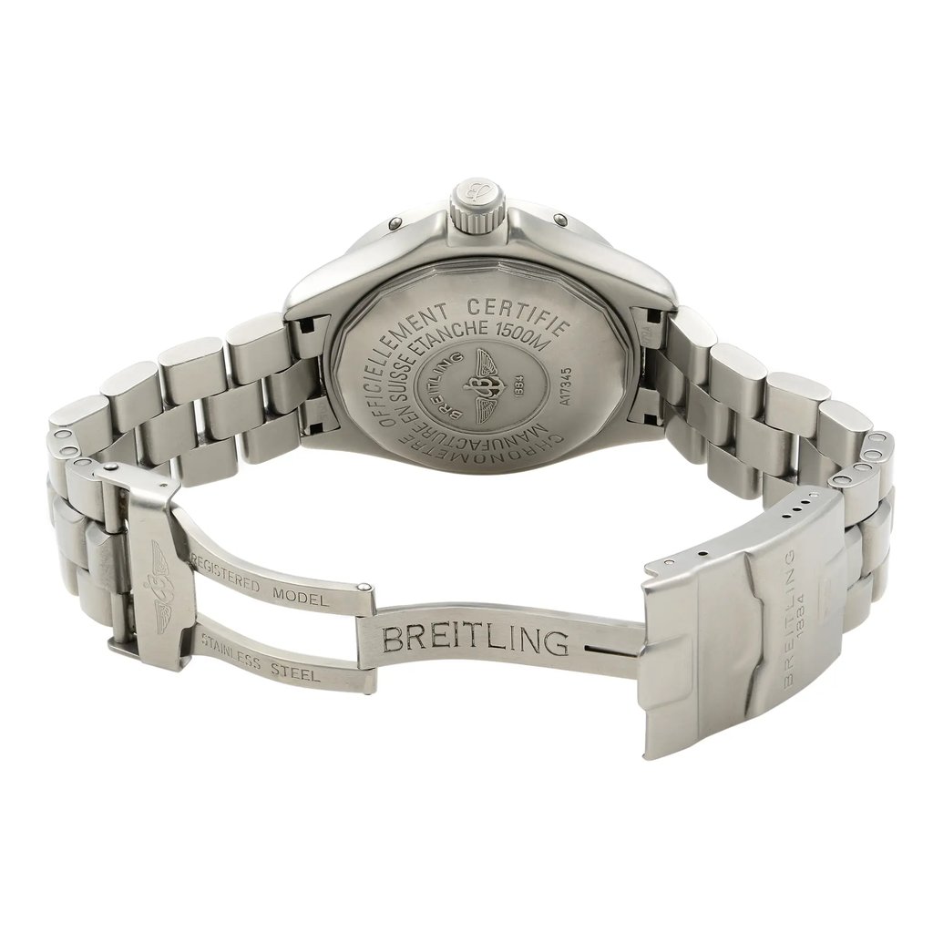 Back View Of Solid Back Case And Open Stainless Steel Band Of Breitling A53035 Watch Pre Owned Condition