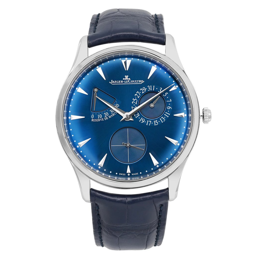 An image of a pre-owned wristwatch viewed from the front at a full frontal angle. The watch features a polished silver case with a blue dial, displaying multiple subdials and a date indicator. It has a leather strap in a matching blue color. The image is taken at a close distance, showcasing the watch's intricate details and elegant design.