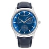 An image of a pre-owned wristwatch viewed from the front at a full frontal angle. The watch features a polished silver case with a blue dial, displaying multiple subdials and a date indicator. It has a leather strap in a matching blue color. The image is taken at a close distance, showcasing the watch's intricate details and elegant design.