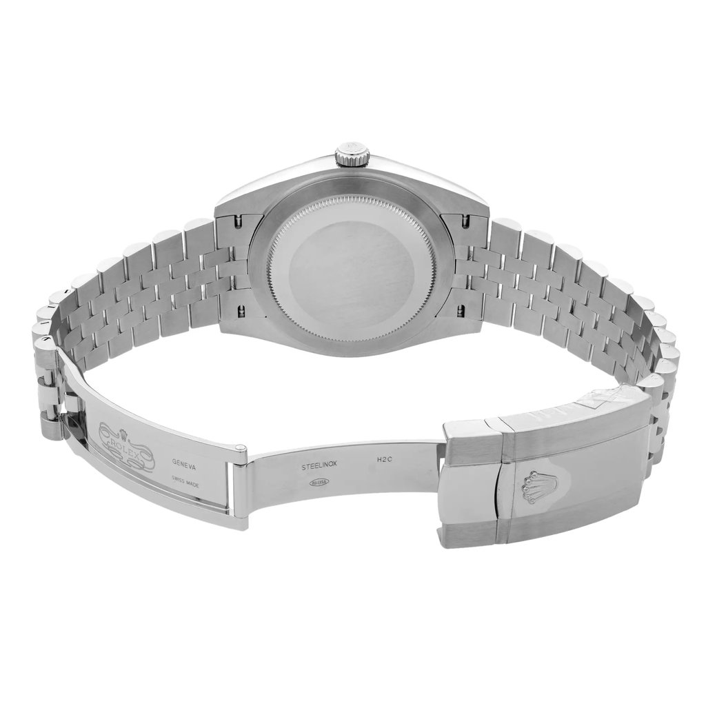 Back View Of Solid Back Case And Open Stainless Steel Band Of Rolex 126334BLDJ Watch Display Model Condition