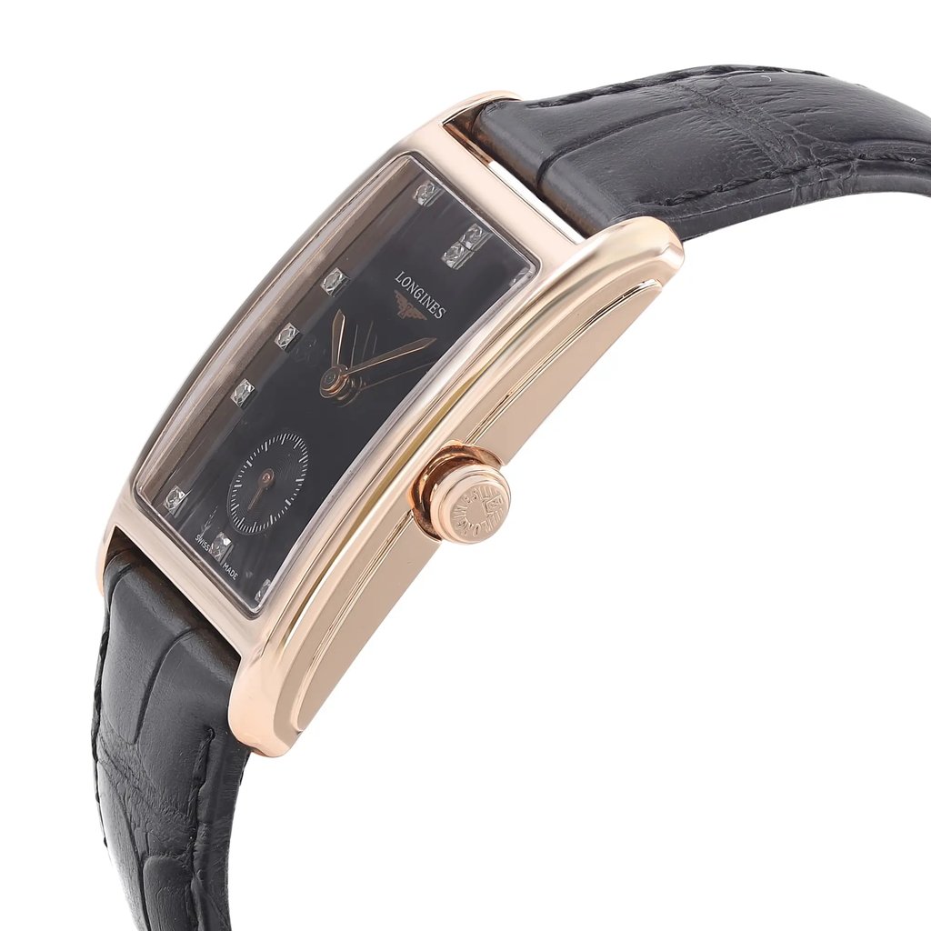 View Of Crown Facing Side Of Longines L5.512.8.57.0 Rose Gold Watch Display Model Condition