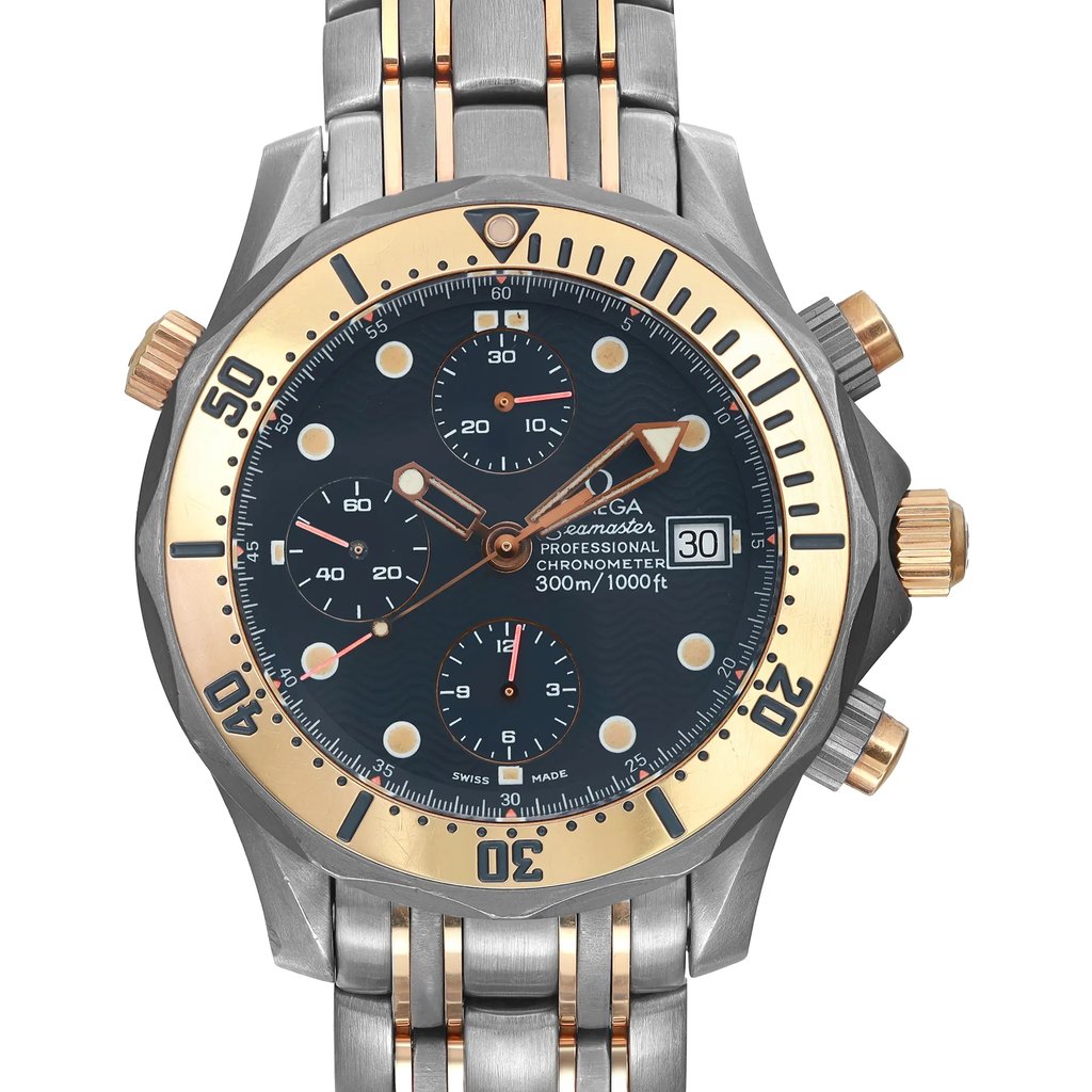Up Close Front Facing Picture Of OMEGA 2296.80.00 Titanium Watch Pre Owned Condition