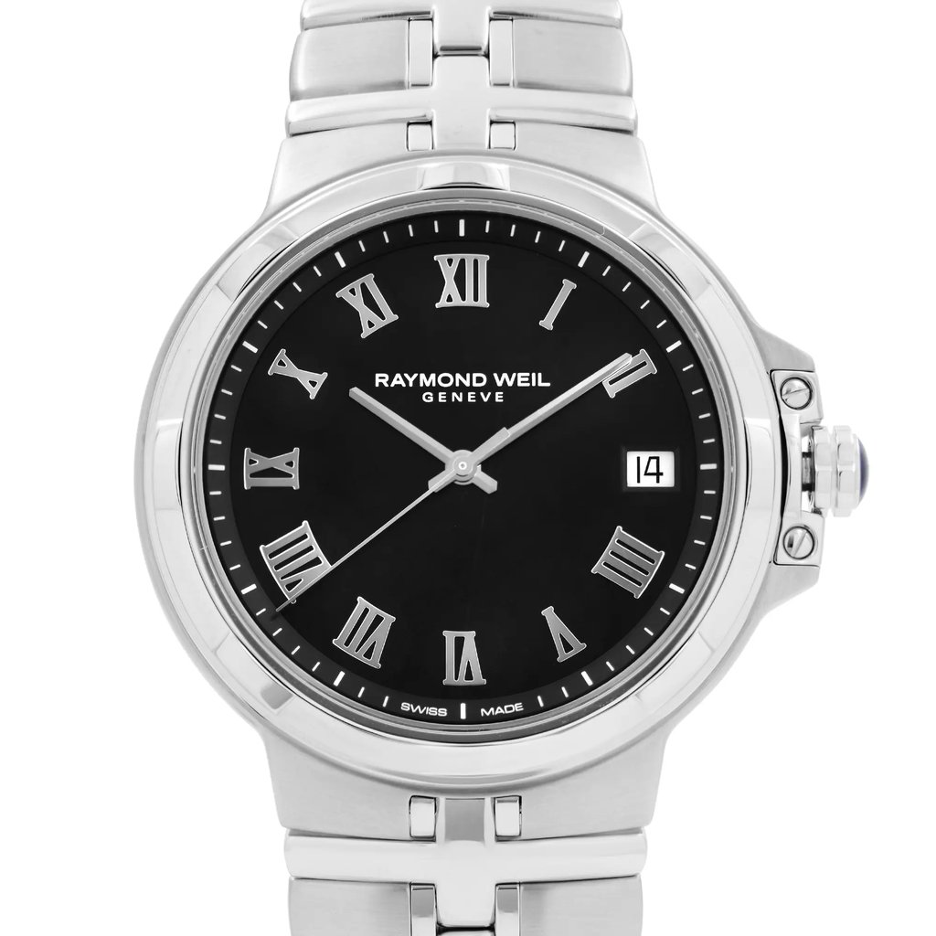 Up Close Front Facing Picture Of RAYMOND WEIL 5580-ST-00208 Stainless Steel Watch Unworn Condition