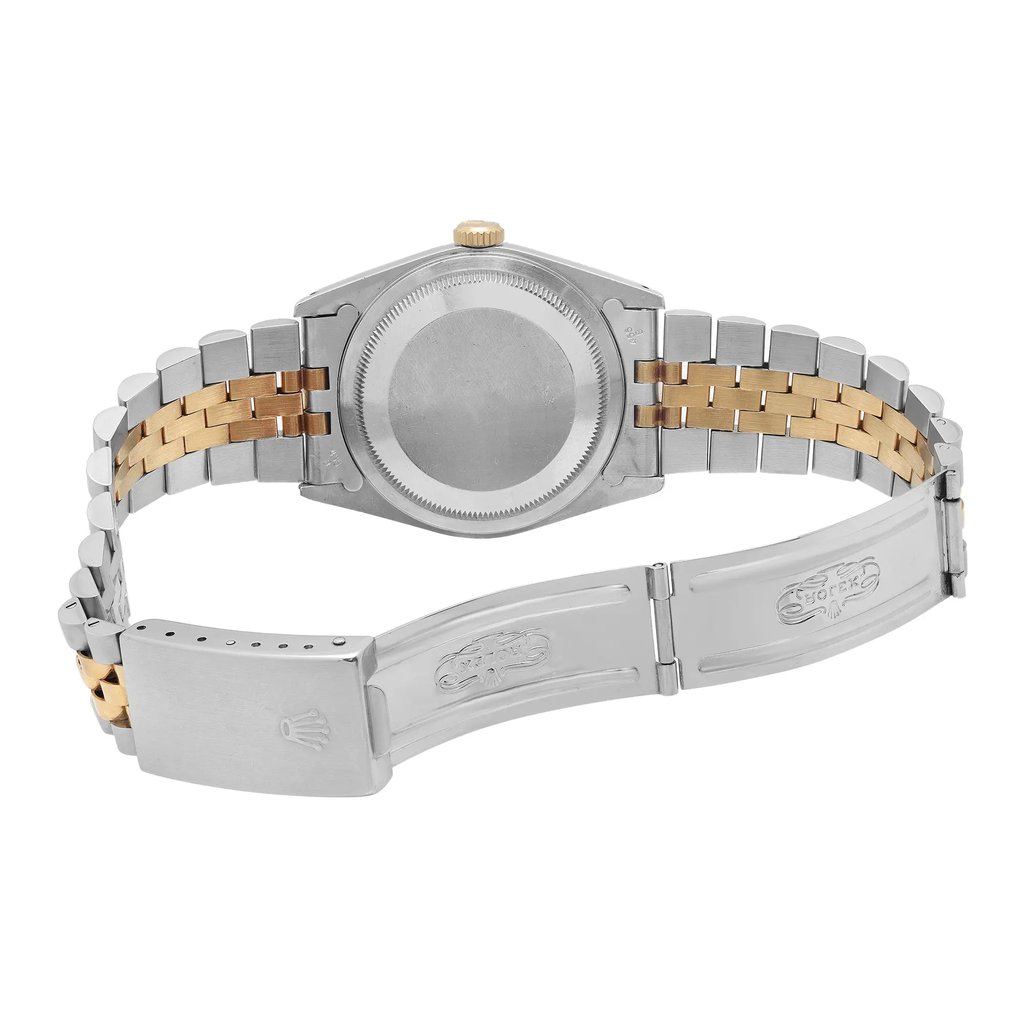 Back View Of Solid Back Case And Open Stainless and Solid Gold Band Of Rolex 16233 Watch Pre Owned Condition