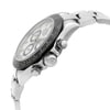 An image of a pre-owned men's Rolex wristwatch in excellent condition, viewed from a side profile angle. The watch features a white dial and a round black bezel, highlighting its chronograph functions. The stainless steel case and band are prominently displayed, with the crown clearly visible. The wristwatch is captured up close, showcasing its sporty style and intricate details.