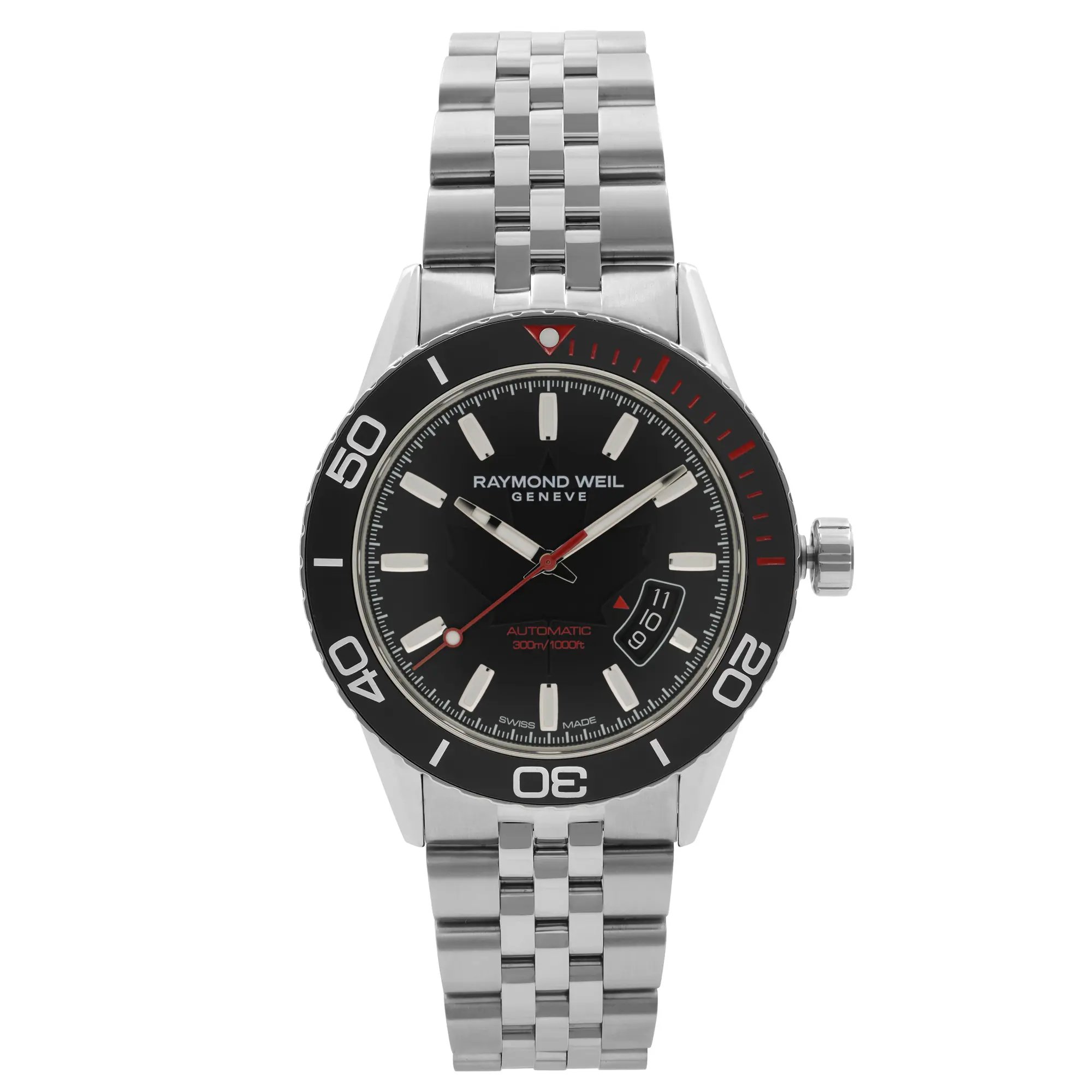 An image of an unworn RAYMOND WEIL men's wristwatch presented front and center with a straight-on angle. The watch has a round shape with a black dial featuring the RAYMOND WEIL logo and 'GENEVE' text. It has a metallic stainless steel band and case, with the bezel predominantly black with white and red markings. The hour, minute, and seconds hands are visible, with the seconds hand accented in red. The watch has a date function at the 4 o'clock position and is labeled 'AUTOMATIC 300M/1000FT' indicating its water resistance. The image is taken from a close, detailed distance, showcasing the watch's face and band with clarity.
