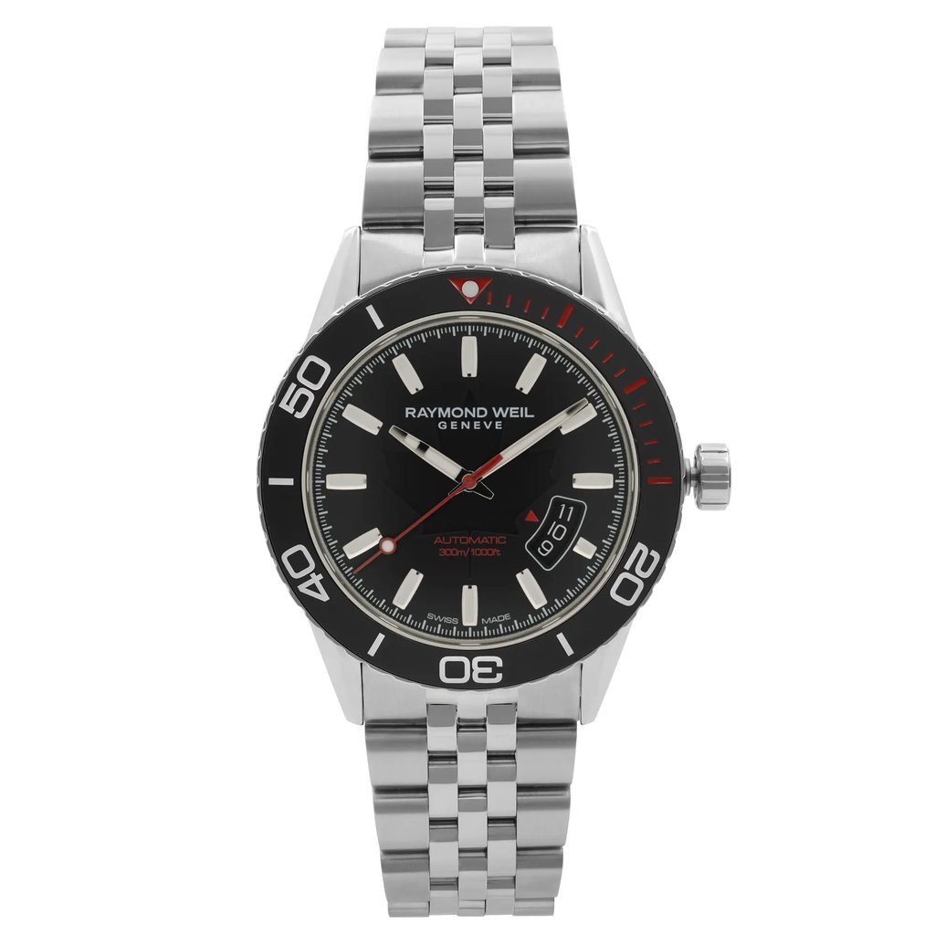 An image of an unworn RAYMOND WEIL men's wristwatch presented front and center with a straight-on angle. The watch has a round shape with a black dial featuring the RAYMOND WEIL logo and 'GENEVE' text. It has a metallic stainless steel band and case, with the bezel predominantly black with white and red markings. The hour, minute, and seconds hands are visible, with the seconds hand accented in red. The watch has a date function at the 4 o'clock position and is labeled 'AUTOMATIC 300M/1000FT' indicating its water resistance. The image is taken from a close, detailed distance, showcasing the watch's face and band with clarity.
