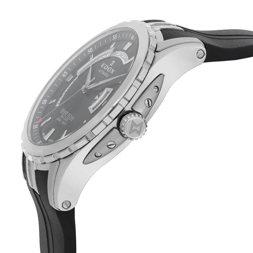 View Of Crown Facing Side Of Edox 83006 3CA NIN Stainless Steel Watch Display Model Condition