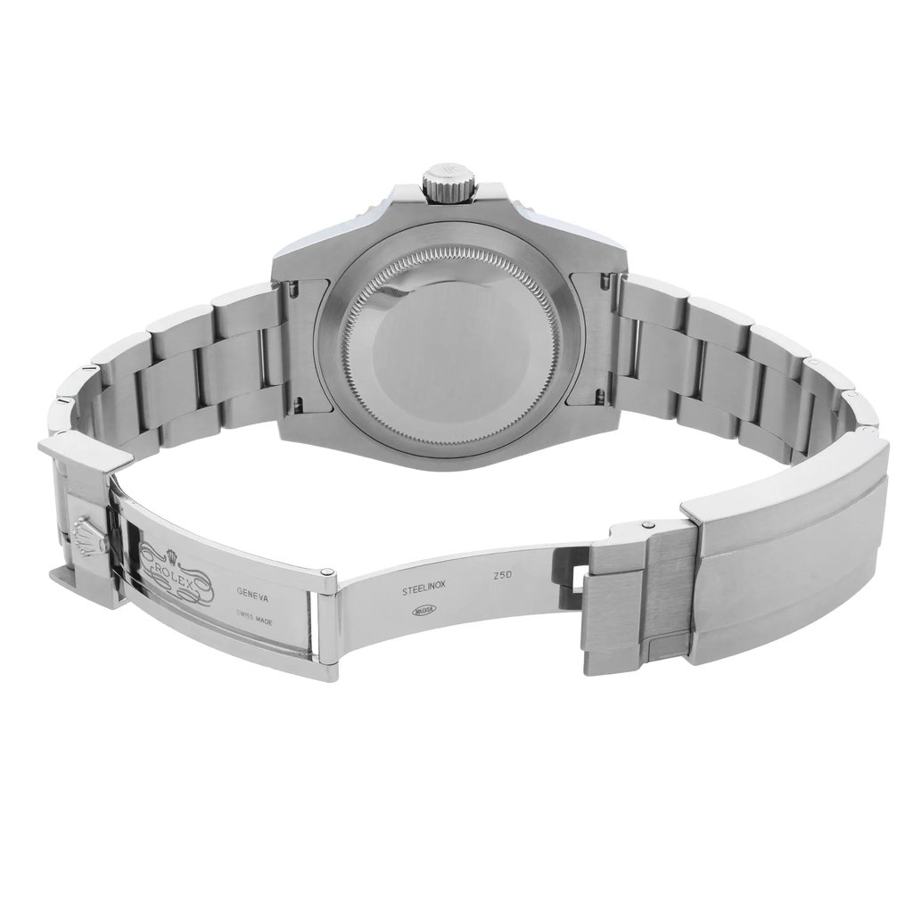 Back View Of Solid Back Case And Open Stainless Steel Band Of Rolex 116610LV Watch Pre Owned Condition