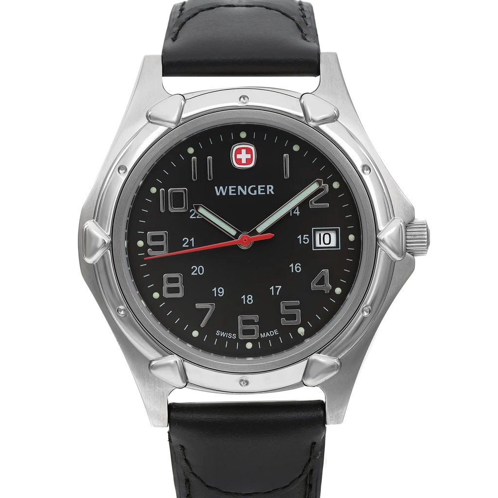Up Close Front Facing Picture Of Wenger 73115 Stainless Steel Watch Pre Owned Condition