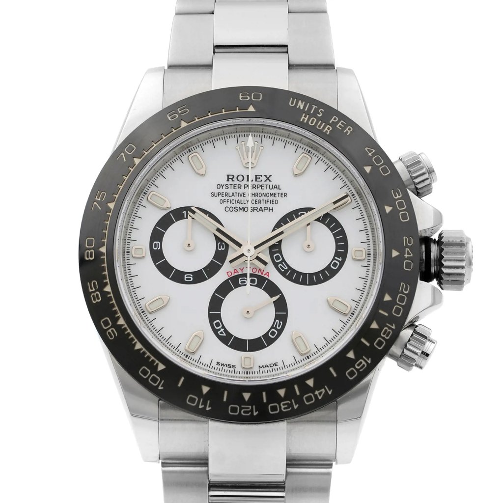 An image of a pre-owned men's Rolex sport wristwatch in excellent condition, captured from a front close-up angle. The watch features a white dial with stick indexes and a black bezel. It includes a chronograph function and has a round shape. The band and case are made of stainless steel.