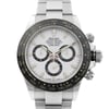 An image of a pre-owned men's Rolex sport wristwatch in excellent condition, captured from a front close-up angle. The watch features a white dial with stick indexes and a black bezel. It includes a chronograph function and has a round shape. The band and case are made of stainless steel.