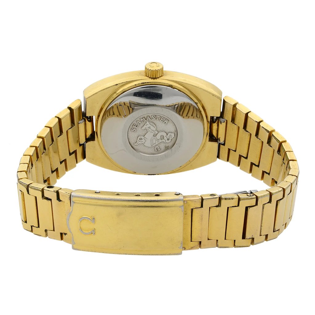 Back View Of {Caseback} Back Case And Closed Gold Plated Band Of OMEGA 566.00.88 Watch Pre Owned Condition