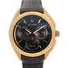 An image of a men's Bulova wristwatch in new condition with defects, presented in a front close-up shot that focuses on the watch face. The watch has a round shape, with a brown dial and rose gold-tone bezel. The band is made of leather, and the case is stainless steel. The watch features a casual style with a 12-hour dial, multiple subdials, and stick indexes. It also includes chronograph functionality, luminous hands, and a small seconds subdial. The image is taken from a direct front angle and the watch fills the frame, providing a detailed view of its features.