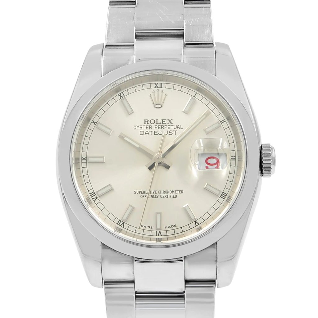 Up Close Front Facing Picture Of Rolex 116200 Stainless Steel Watch Pre Owned Condition