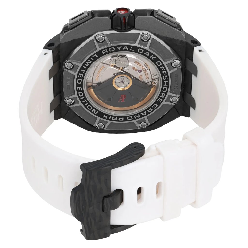 Back View Of Exhibition Back Case And Closed Rubber Band Of Audemars Piguet 26290IO Watch Pre Owned Condition