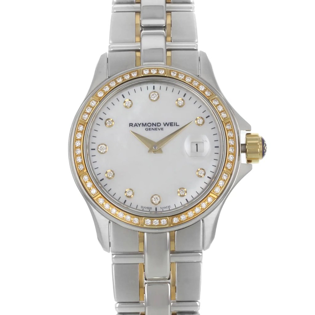 Up Close Front Facing Picture Of RAYMOND WEIL 9460-SGS-97081 Stainless Steel Watch Display Model Condition