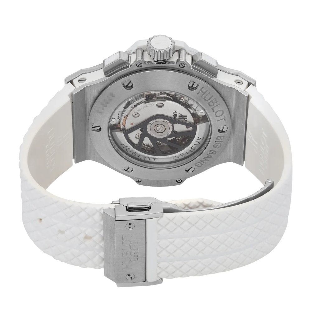 Back View Of Exhibition Back Case And Closed Rubber Band Of Hublot 301.SE.230.RW Watch Display Model Condition