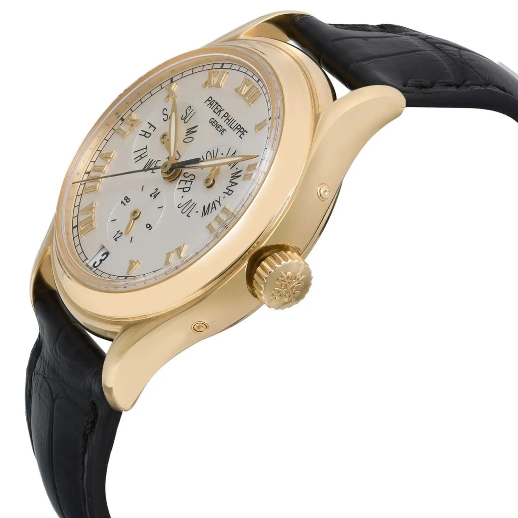 View Of Crown Facing Side Of Patek Philippe 5035J Yellow Gold Watch Pre Owned Condition