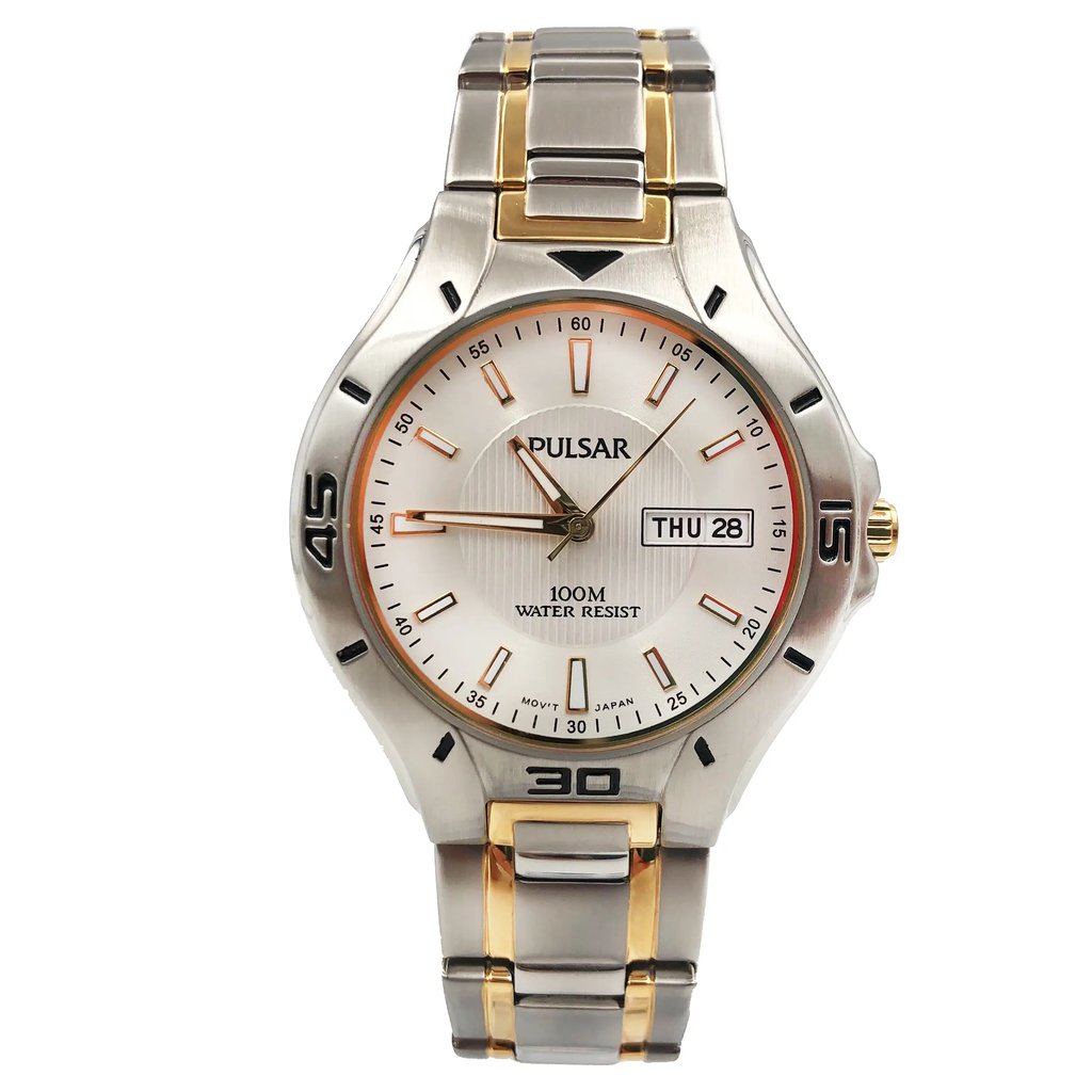 An image of a Wristwatch by Pulsar. This Unworn item is designed for Men, featuring a Dress/Formal style. It has a Japanese Quartz movement and an Analog display with a Silver dial color. The indices include Sticks. The band is made of Stainless Steel and the case is made of Stainless Steel. The watch has a Round shape with a case size of 39 mm and a case thickness of 9 mm.