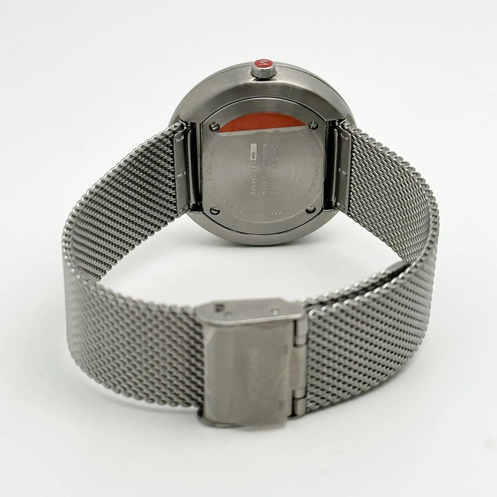 Back View Of Screwback Back Case And Closed Stainless Steel Band Of Mondaine A763.30362.11SBM Watch Display Model Condition