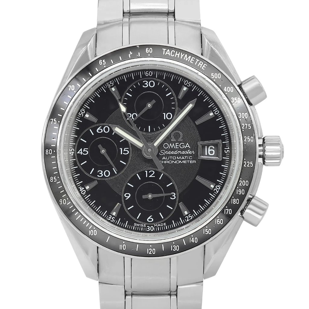 Up Close Front Facing Picture Of OMEGA 3210.50.00 Stainless Steel Watch Pre Owned Condition