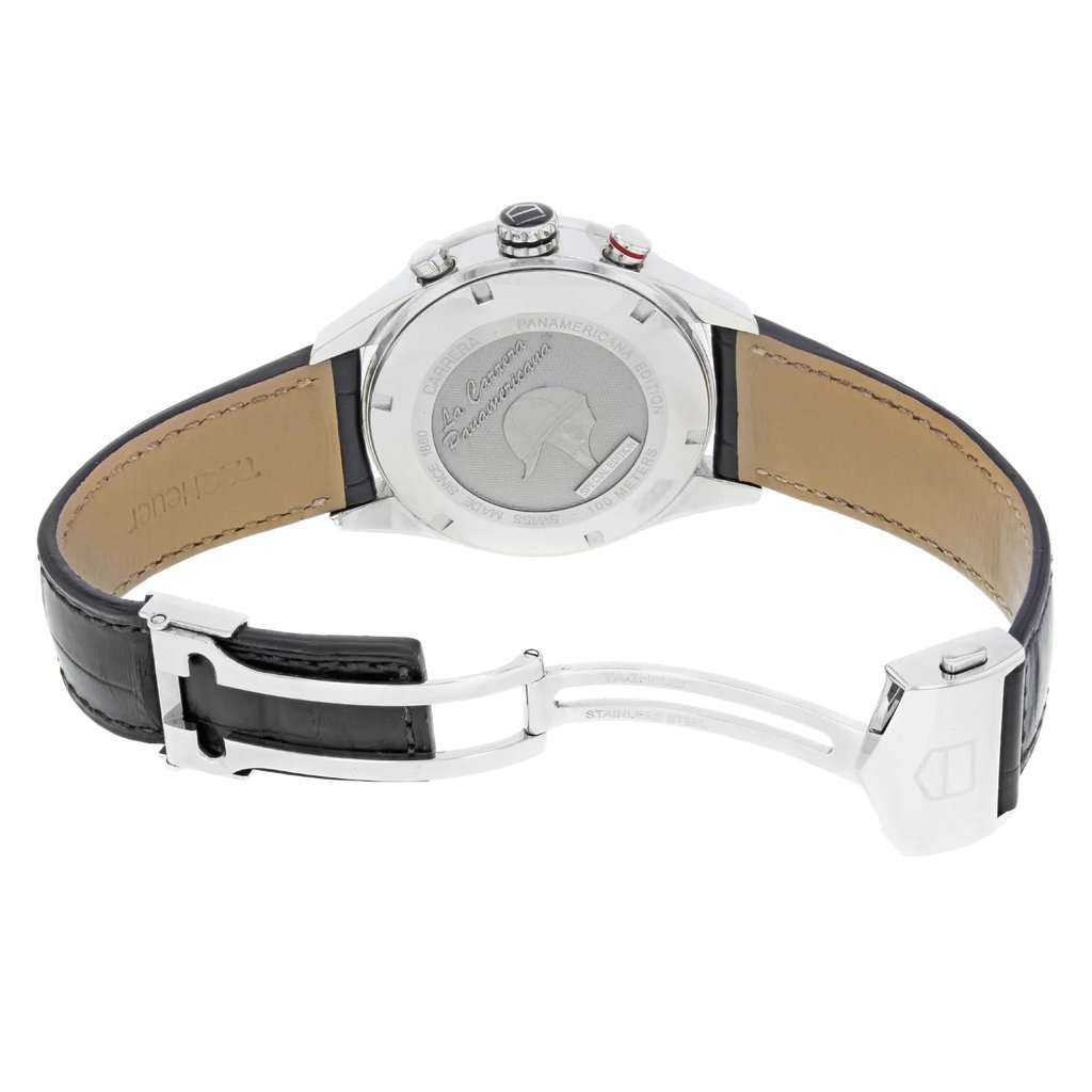 Back View Of {Caseback} Back Case And Open Leather Band Of TAG Heuer CV1A10.FC6235 Watch Pre Owned Condition