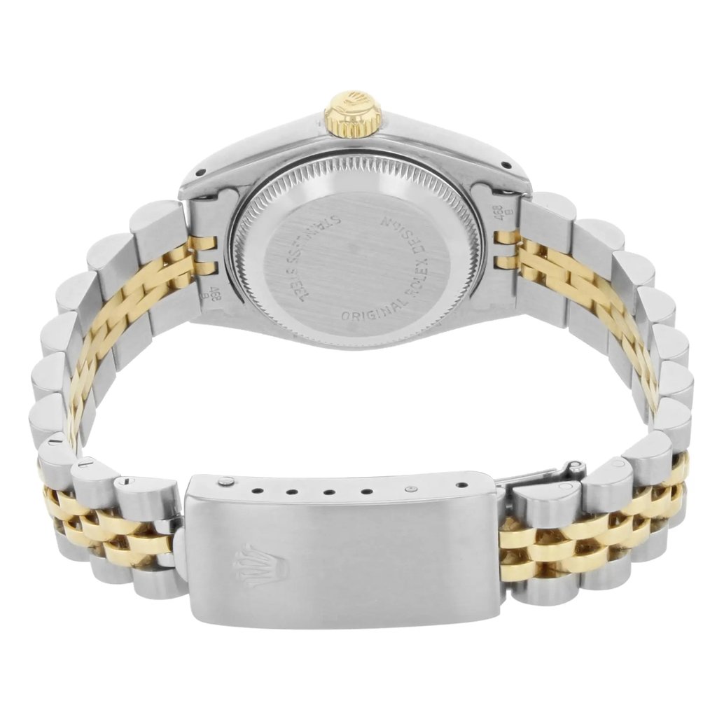 Back View Of Solid Back Case And Closed Stainless Steel,Gold Band Of Rolex 69173 Watch Pre Owned Condition