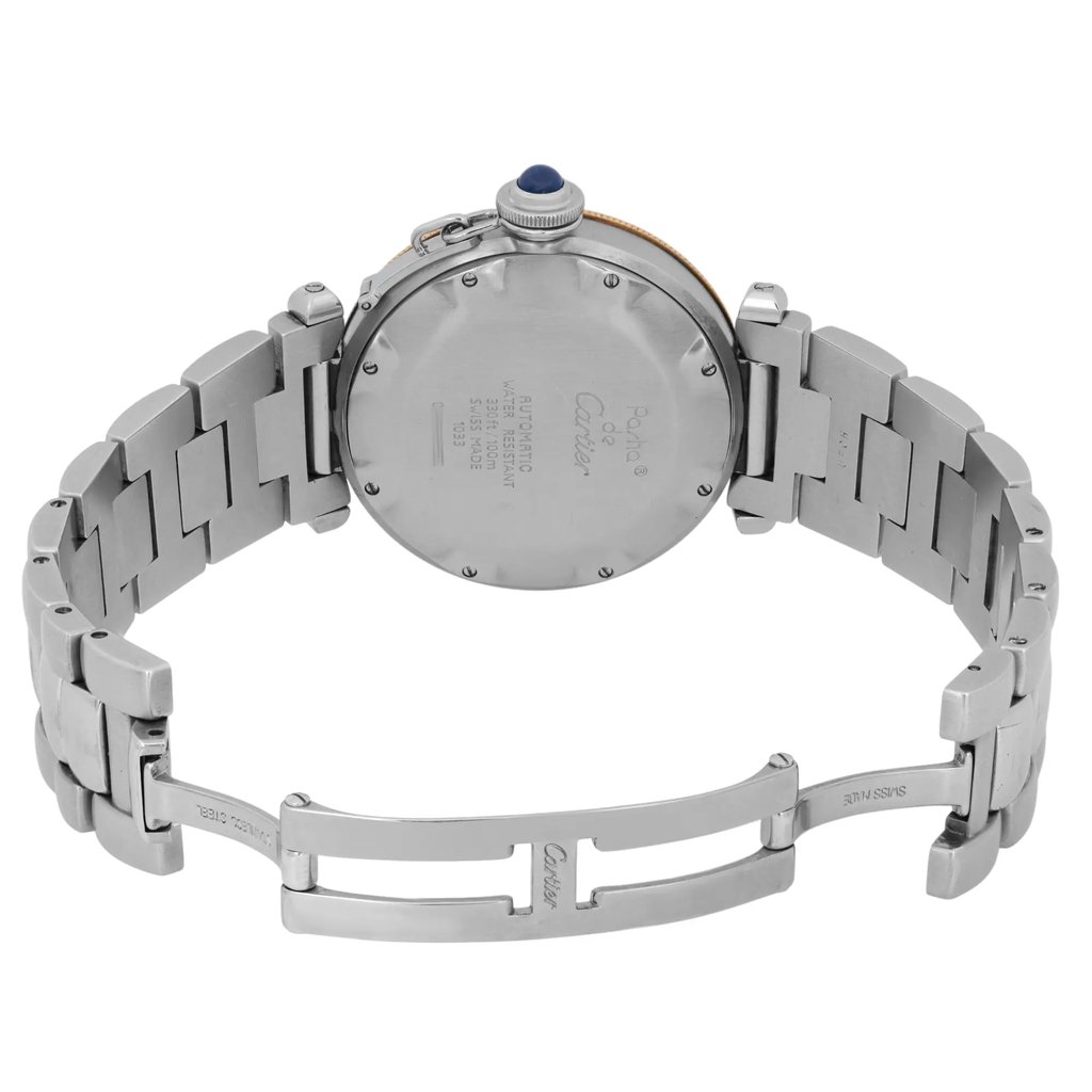 An image of a pre-owned Cartier men's wristwatch, viewed from the back at a slightly elevated angle. The focus is on the closed stainless steel bracelet and the watch's case back, which displays engraved details. The watch features a blue cabochon on the crown. The distance of the image captures the full bracelet and part of the clasp, highlighting the craftsmanship.