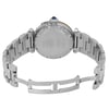 An image of a pre-owned Cartier men's wristwatch, viewed from the back at a slightly elevated angle. The focus is on the closed stainless steel bracelet and the watch's case back, which displays engraved details. The watch features a blue cabochon on the crown. The distance of the image captures the full bracelet and part of the clasp, highlighting the craftsmanship.