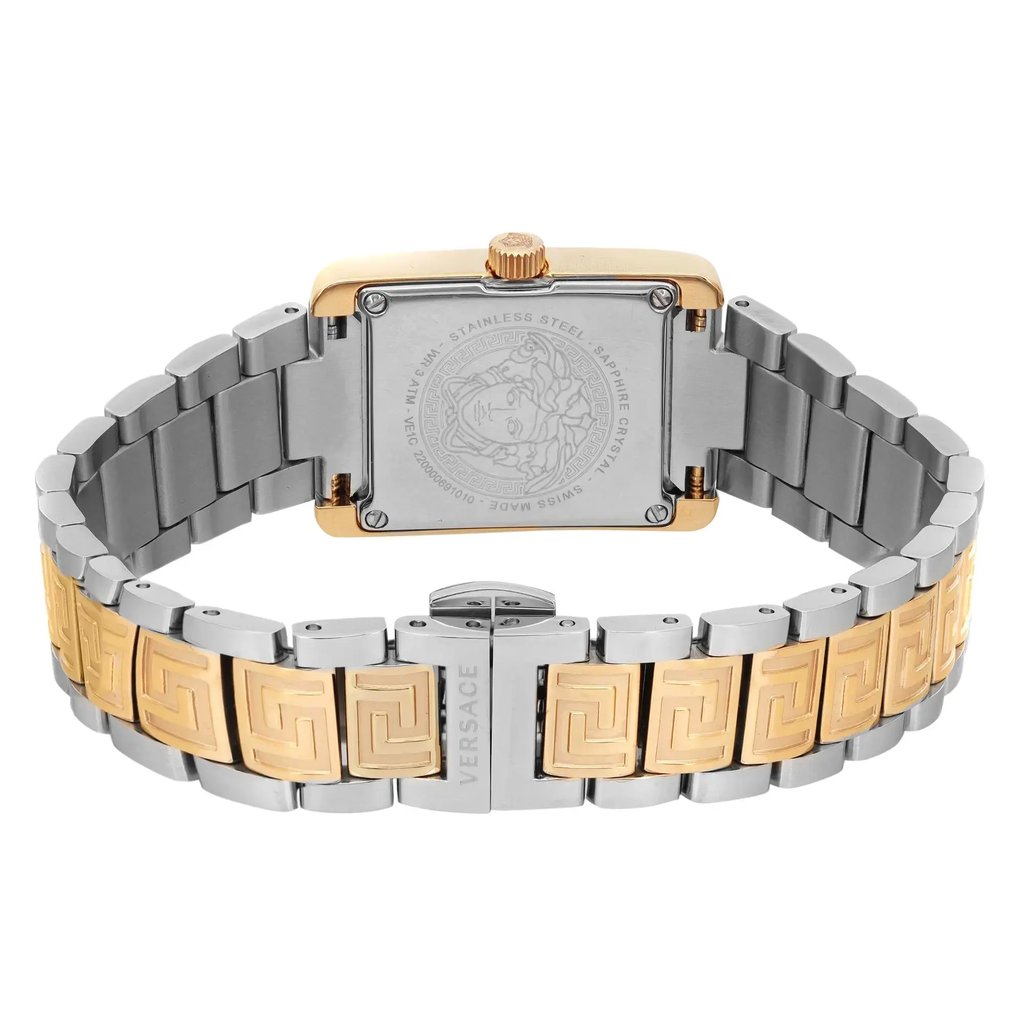 Back View Of Screwback Back Case And Closed Stainless Steel Band Of Versace VE1C00621 Watch New With Defects Condition