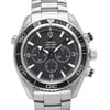 An image of a pre-owned men's OMEGA wristwatch taken from a close-up, frontal angle. The watch features a stainless steel band and a black dial with chronograph sub-dials, a date indicator, and luminous hands. The bezel is marked with minute indicators, and the brand name is visible on the face.