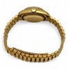 An image of a pre-owned women's Rolex wristwatch, viewed from the back at a slight angle. The focus is on the yellow gold bracelet and the back of the watch case, displaying the brand's logo on the crown. The watch features a date indicator, although it is not visible from this angle. The watch is positioned centrally and photographed from a medium distance against a plain white background.