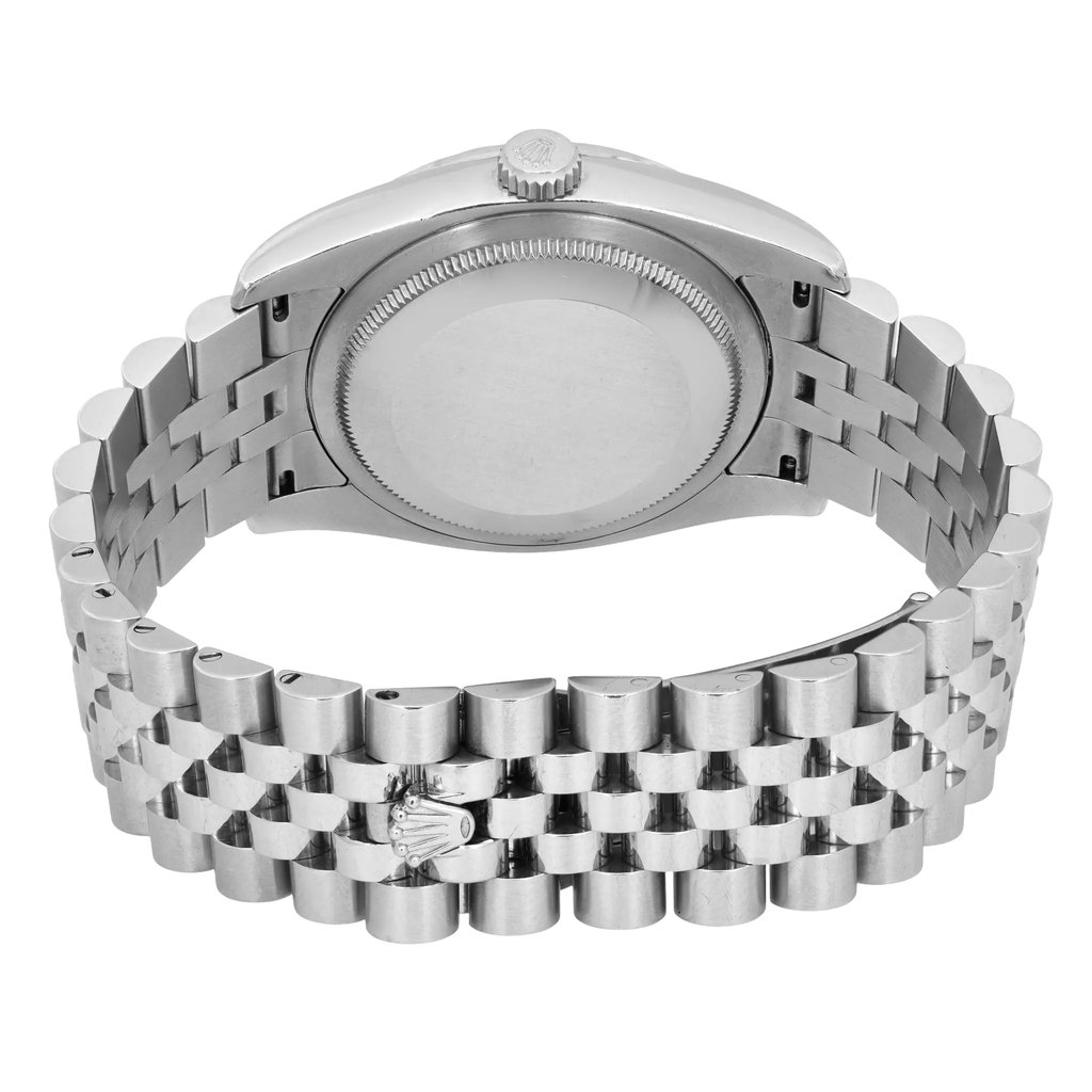 An image of a pre-owned women's Rolex wristwatch, viewed from the back. The watch is positioned at a slight angle, showcasing the clasp and band prominently. The distance is close-up, highlighting the stainless steel bracelet with a visible Rolex logo on the clasp.
