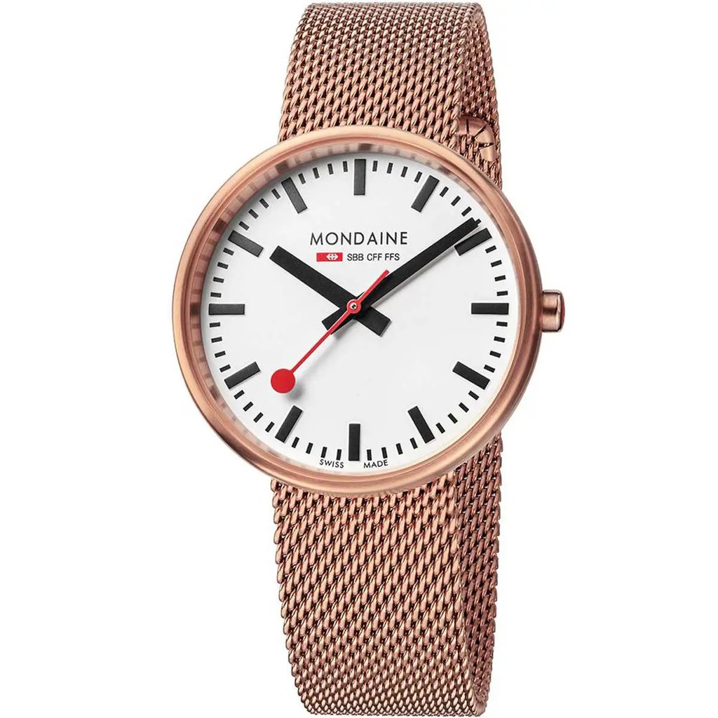 An image of a Wristwatch by Mondaine. This Display Model item is designed for Unisex Adult, featuring a Casual style. It has a Quartz movement and an Analog display with a White dial color. The indices include 12-Hour Dial,Stick Indexes. The band is made of Stainless Steel and the case is made of Stainless Steel. The watch has a Round shape with a case size of 35 mm and a case thickness of 10 mm.