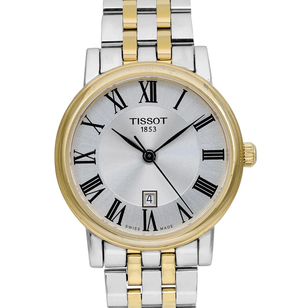 Up Close Front Facing Picture Of Tissot T1222102203300 Stainless Steel Watch Pre Owned Condition