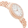 An image of a wristwatch taken from a side profile view, opposite the crown. The watch features a rose gold finish with a decorative bezel encrusted with small stones. It has a linked bracelet band also in rose gold. The angle showcases the watch's face slightly tilted, highlighting its elegant design and detailing. The image is taken at a close distance to emphasize the watch's intricate features, suitable for display purposes.