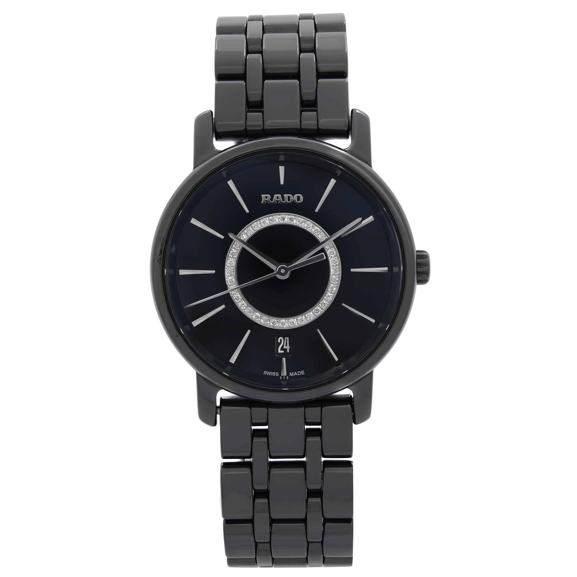 An image of a Wristwatch by Rado. This New With Defects item is designed for Women, featuring a Dress/Formal style. It has a Quartz movement and an Analog display with a Black dial color. The indices include 12-Hour Dial,Stick Indexes. The band is made of Ceramic and the case is made of Ceramic. The watch has a Round shape with a case size of 33 mm and a case thickness of 8 mm.