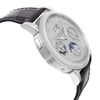An image of a pre-owned wristwatch captured from a side profile view, opposite the crown. The watch features a polished metal case, a detailed dial with multiple subdials, and a leather strap. The angle highlights the sleek design and intricate details of the watch face, providing a close-up perspective.
